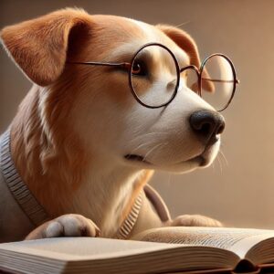 A realistic-looking dog, viewed from the side profile, wearing round glasses and attentively reading a book